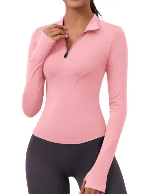 Active Long Sleeve Tops for Women Quarter Half 1/4 Zip Running Pullover Athletic Workout Top Dry Fit Gym Shirt(Pink)