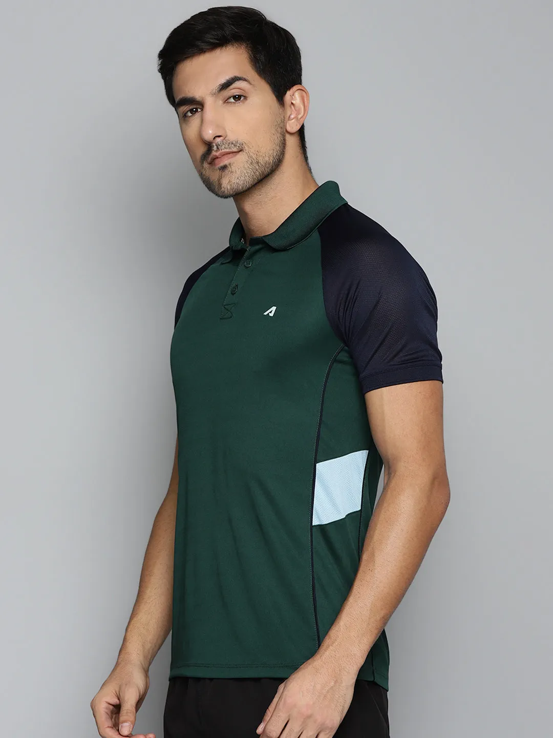 ALCIS Men Green & Navy Blue Colourblocked Polo Collar Slim Fit Running T-shirt