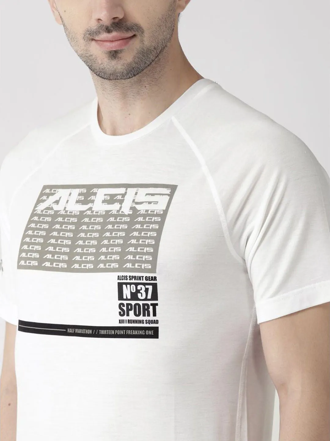 Alcis Men White Printed Round Neck T-shirt