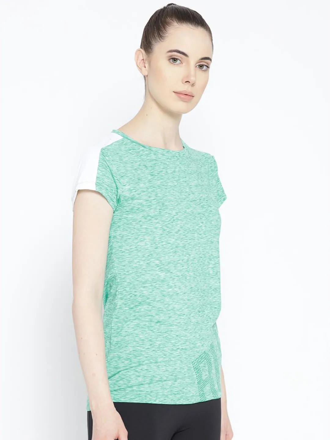 Alcis Women Green White Printed Detail Round Neck Running T-shirt