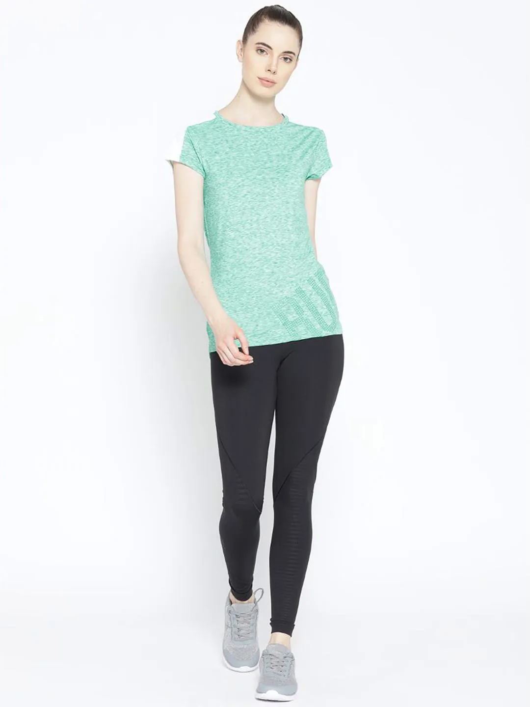 Alcis Women Green White Printed Detail Round Neck Running T-shirt