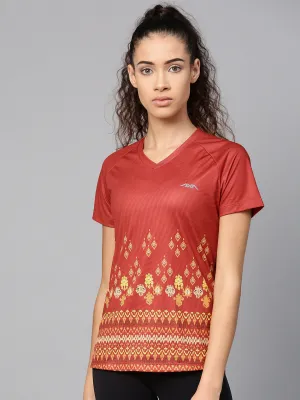 Alcis Women Rust Red Yellow Printed V-Neck T-shirt