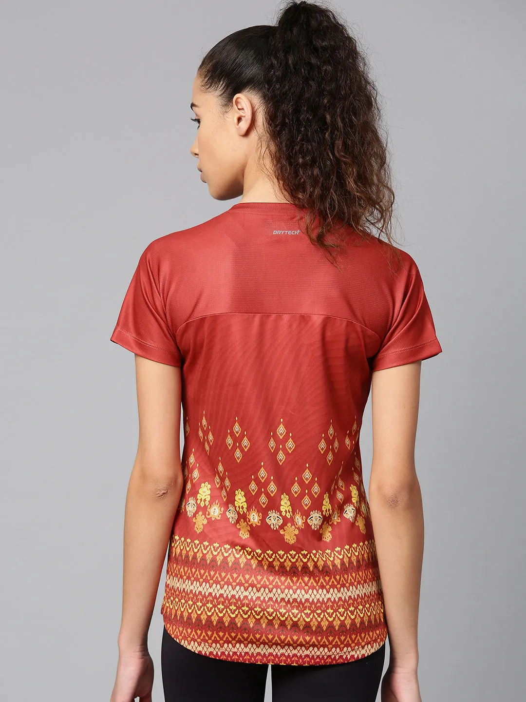 Alcis Women Rust Red Yellow Printed V-Neck T-shirt