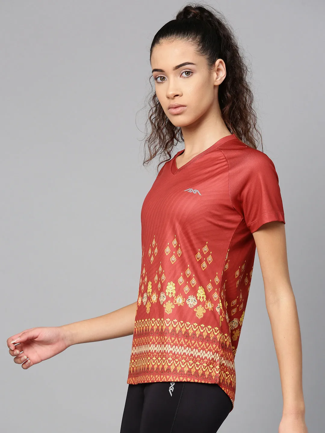 Alcis Women Rust Red Yellow Printed V-Neck T-shirt