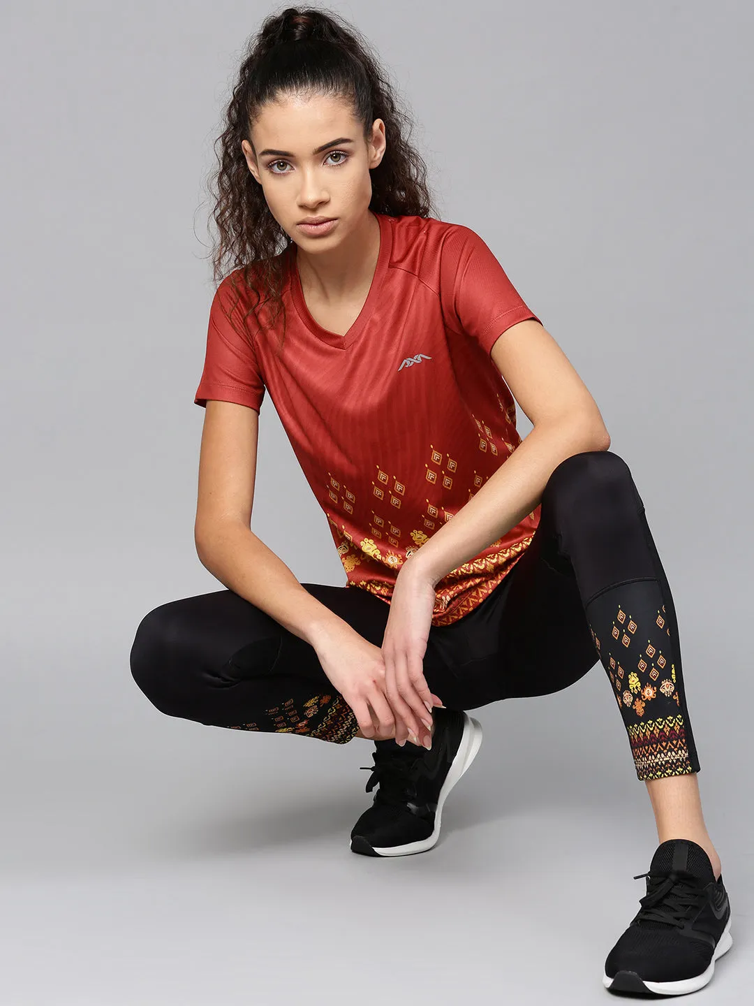 Alcis Women Rust Red Yellow Printed V-Neck T-shirt