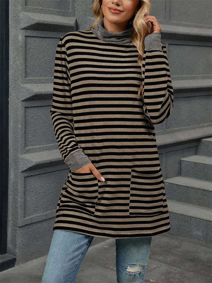 Autumn Slim Fit Long Sleeve High Collar Stripe Shirt for Women