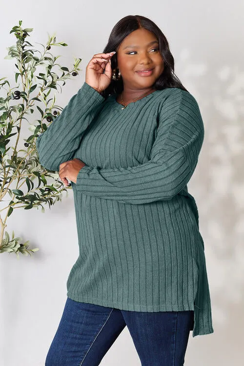 Basic Bae Full Size Ribbed Round Neck Long Sleeve Slit Top (4 Colors)