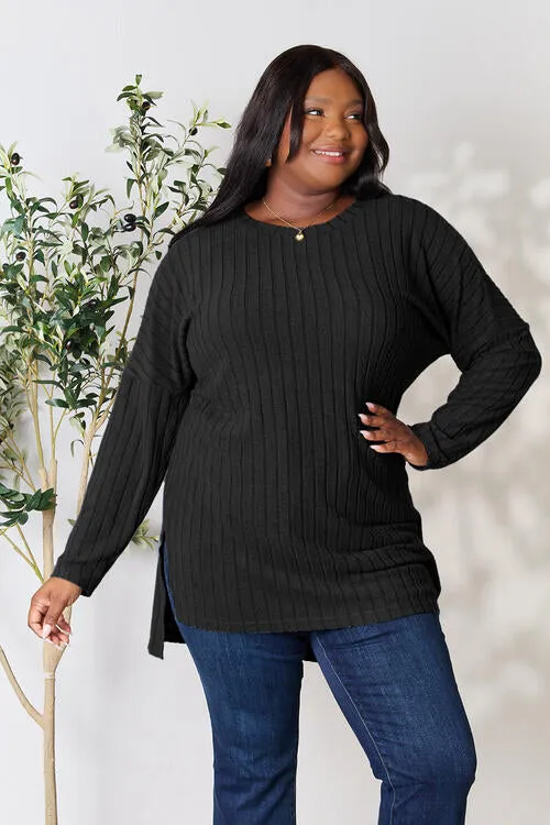 Basic Bae Full Size Ribbed Round Neck Long Sleeve Slit Top (4 Colors)