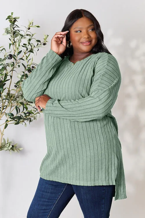 Basic Bae Full Size Ribbed Round Neck Long Sleeve Slit Top (4 Colors)