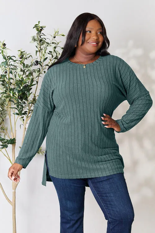 Basic Bae Full Size Ribbed Round Neck Long Sleeve Slit Top (4 Colors)