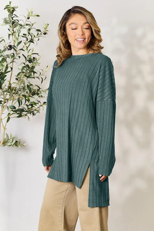 Basic Bae Full Size Ribbed Round Neck Long Sleeve Slit Top (4 Colors)