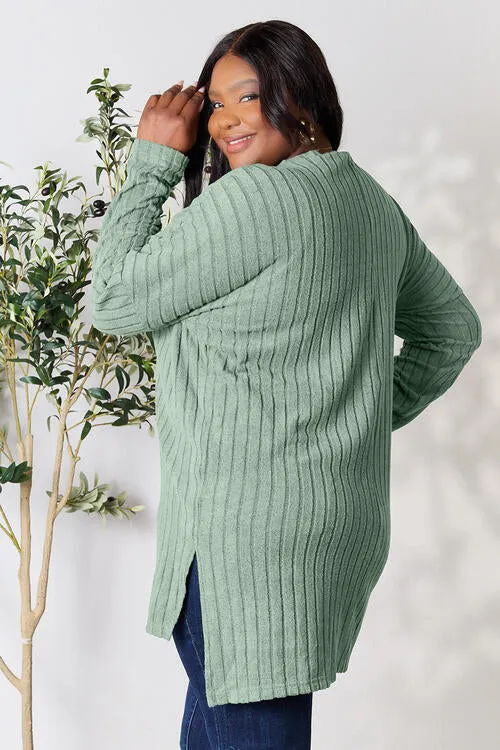 Basic Bae Full Size Ribbed Round Neck Long Sleeve Slit Top (4 Colors)
