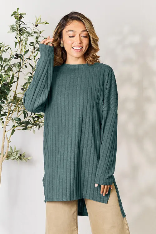 Basic Bae Full Size Ribbed Round Neck Long Sleeve Slit Top (4 Colors)