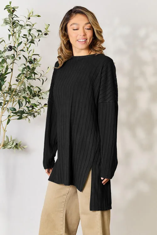 Basic Bae Full Size Ribbed Round Neck Long Sleeve Slit Top (4 Colors)
