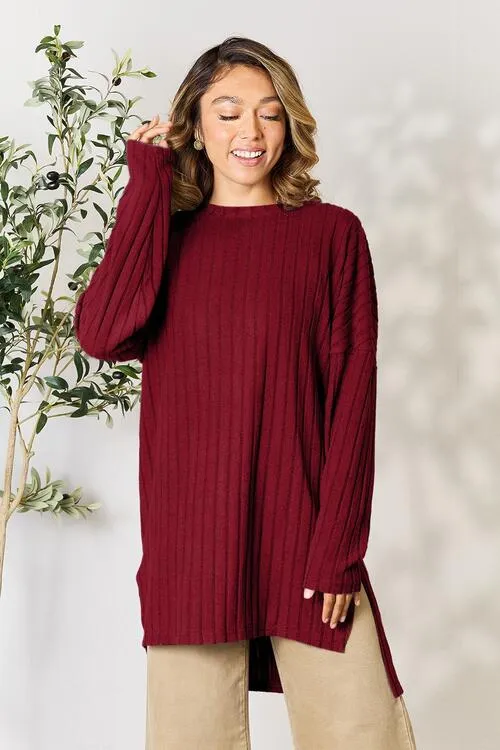 Basic Bae Full Size Ribbed Round Neck Long Sleeve Slit Top (4 Colors)