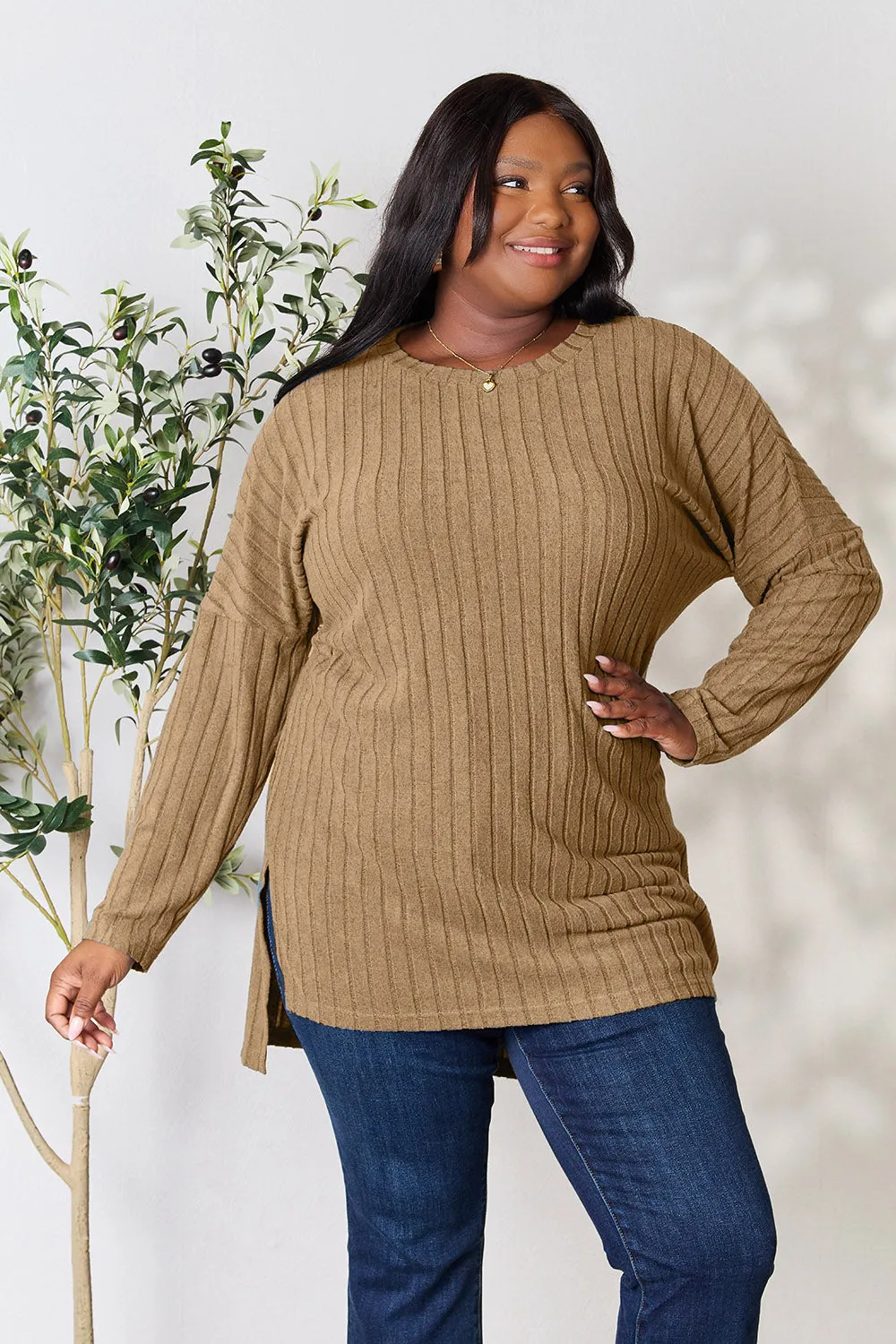 Basic Bae Full Size Ribbed Round Neck Long Sleeve Slit Top (4 Colors)