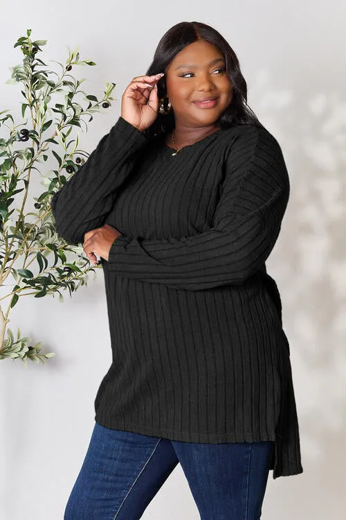 Basic Bae Full Size Ribbed Round Neck Long Sleeve Slit Top (4 Colors)