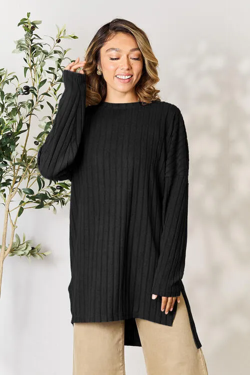 Basic Bae Full Size Ribbed Round Neck Long Sleeve Slit Top (4 Colors)