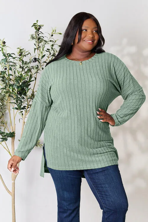 Basic Bae Full Size Ribbed Round Neck Long Sleeve Slit Top (4 Colors)