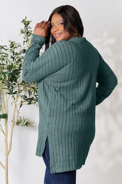 Basic Bae Full Size Ribbed Round Neck Long Sleeve Slit Top (4 Colors)