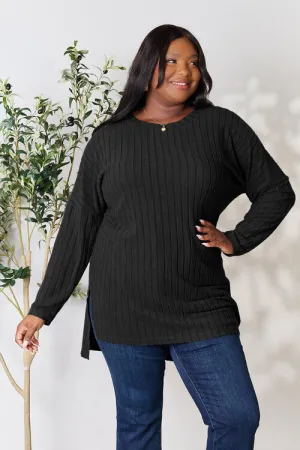 Basic Bae Full Size Ribbed Round Neck Long Sleeve Slit Top (4 Colors)