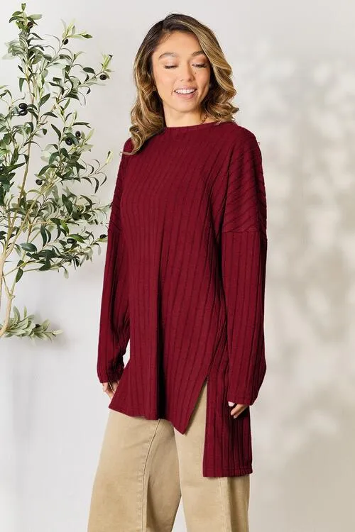 Basic Bae Full Size Ribbed Round Neck Long Sleeve Slit Top (4 Colors)