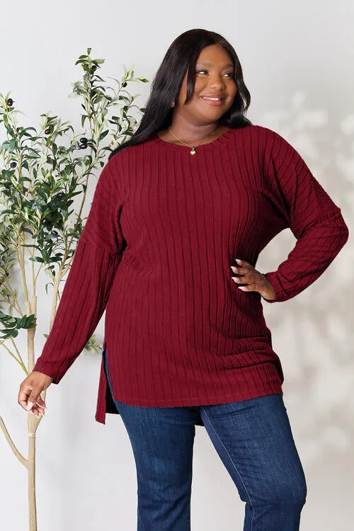 Basic Bae Full Size Ribbed Round Neck Long Sleeve Slit Top (4 Colors)