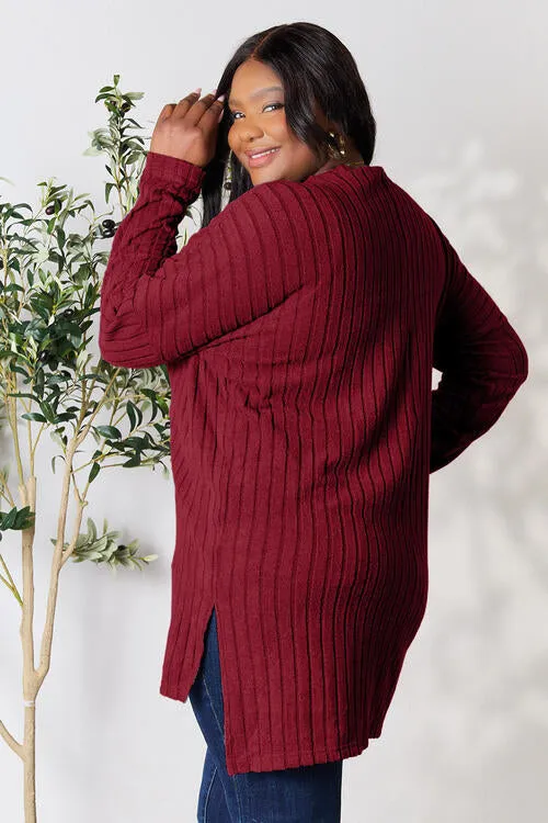 Basic Bae Full Size Ribbed Round Neck Long Sleeve Slit Top (4 Colors)