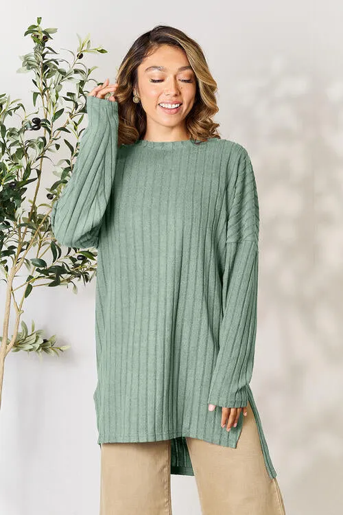 Basic Bae Full Size Ribbed Round Neck Long Sleeve Slit Top (4 Colors)