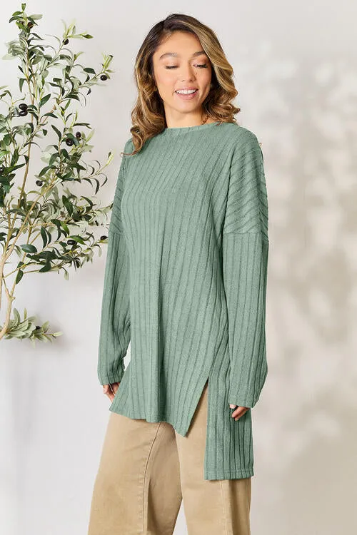 Basic Bae Full Size Ribbed Round Neck Long Sleeve Slit Top (4 Colors)