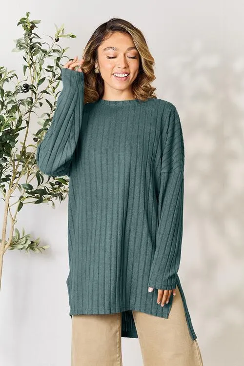 Basic Bae Full Size Ribbed Round Neck Long Sleeve Slit Top (4 Colors)