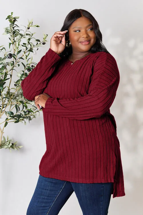 Basic Bae Full Size Ribbed Round Neck Long Sleeve Slit Top (4 Colors)