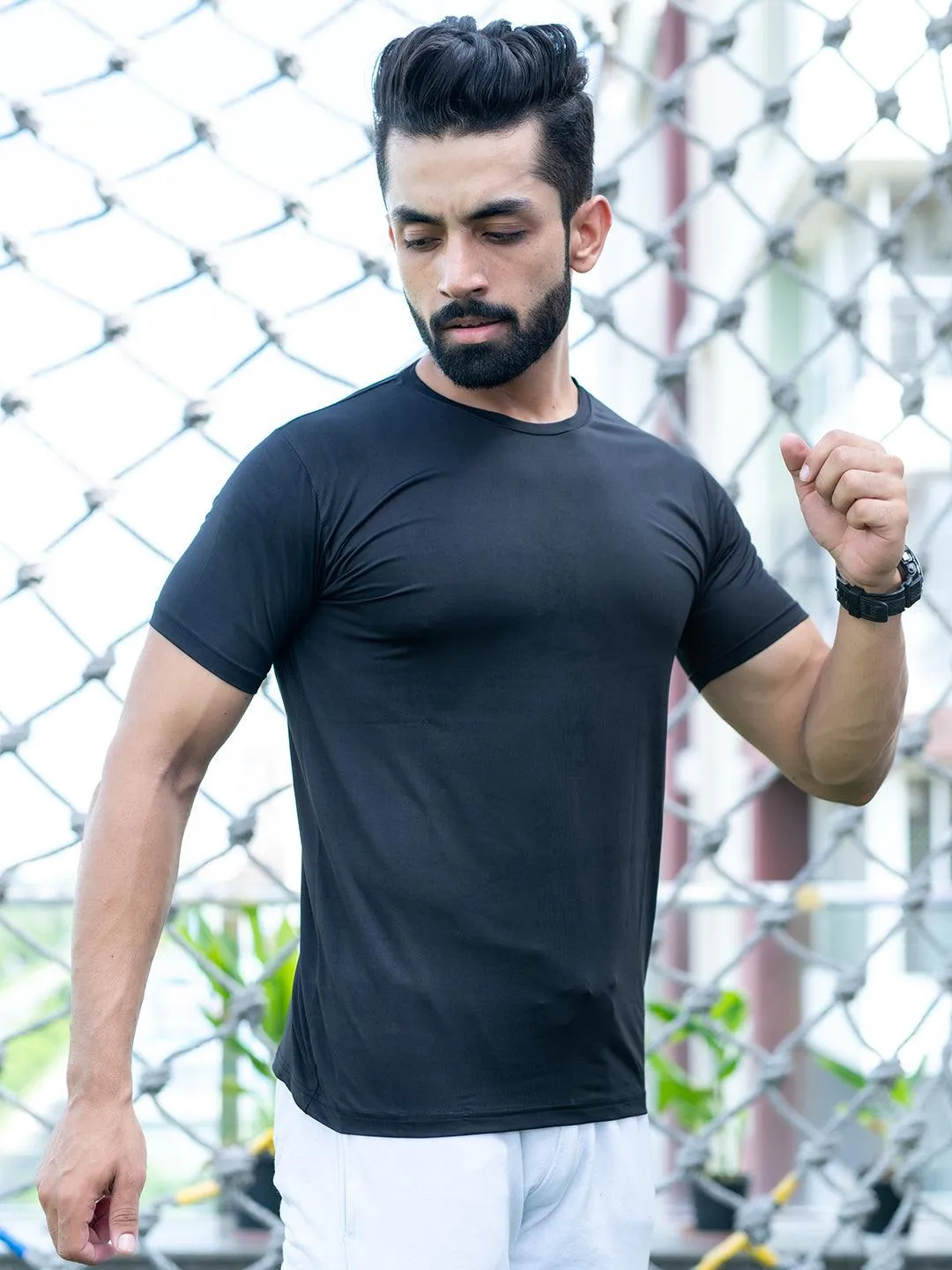 Black Round Neck Lycra T-Shirt