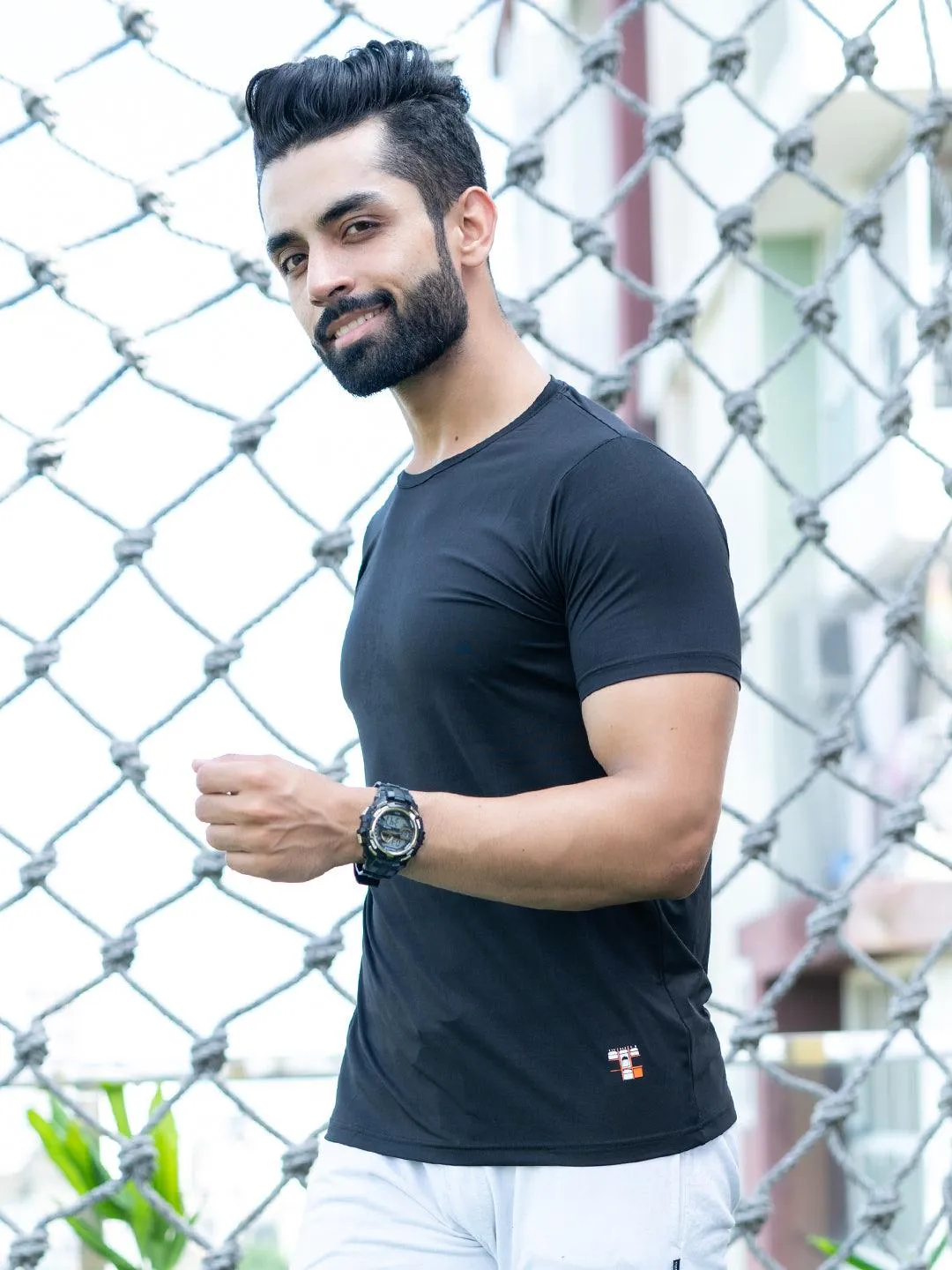Black Round Neck Lycra T-Shirt