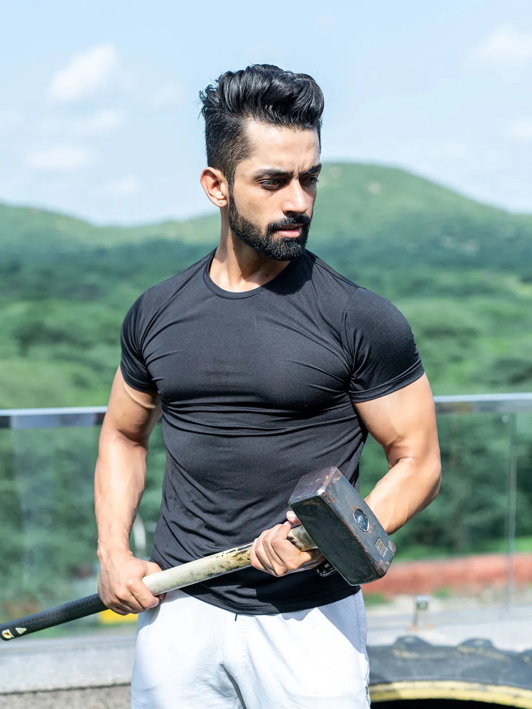 Black Round Neck Lycra T-Shirt