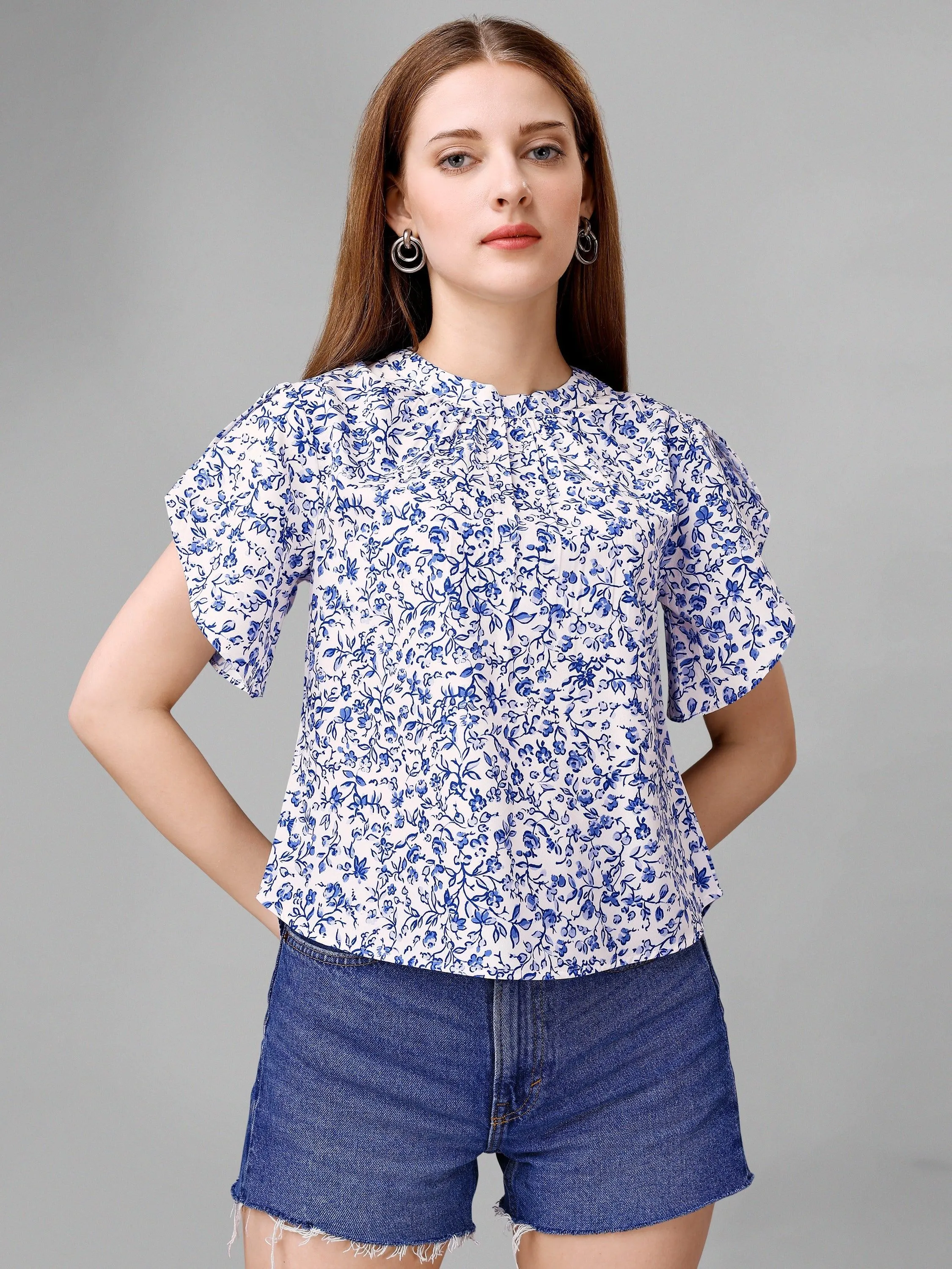 Butterfly BushBlue Floral Womens Top