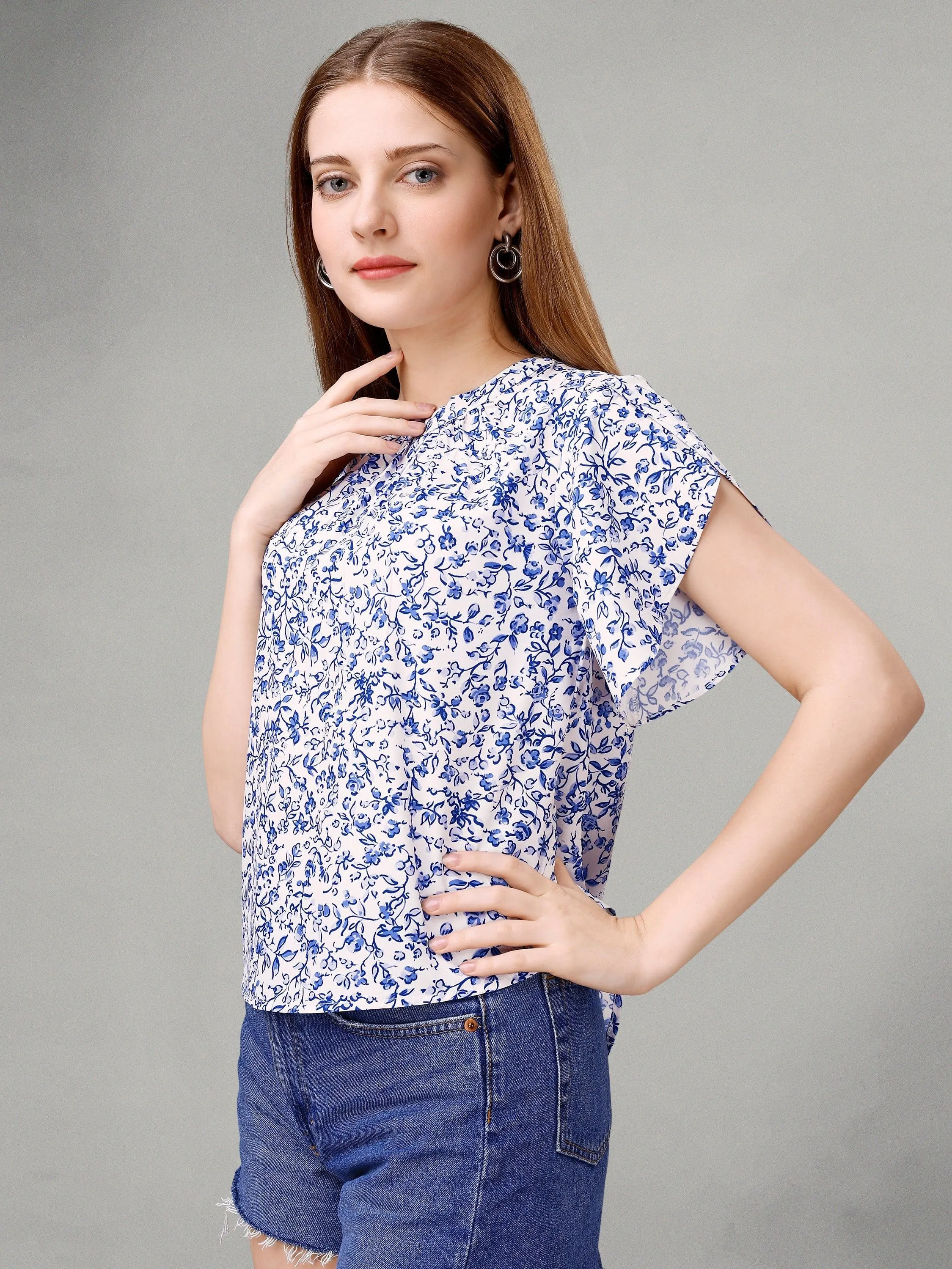 Butterfly BushBlue Floral Womens Top
