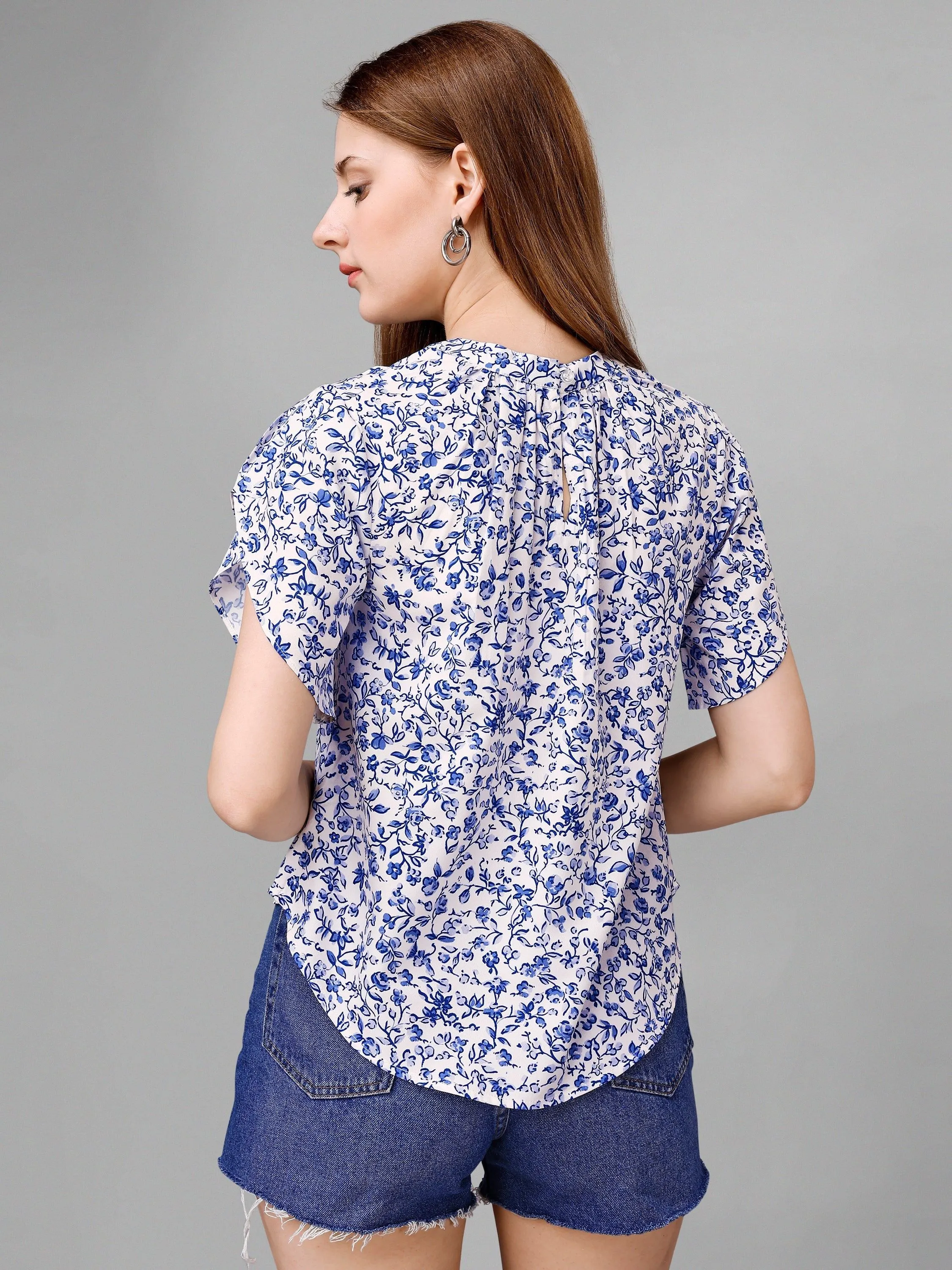 Butterfly BushBlue Floral Womens Top
