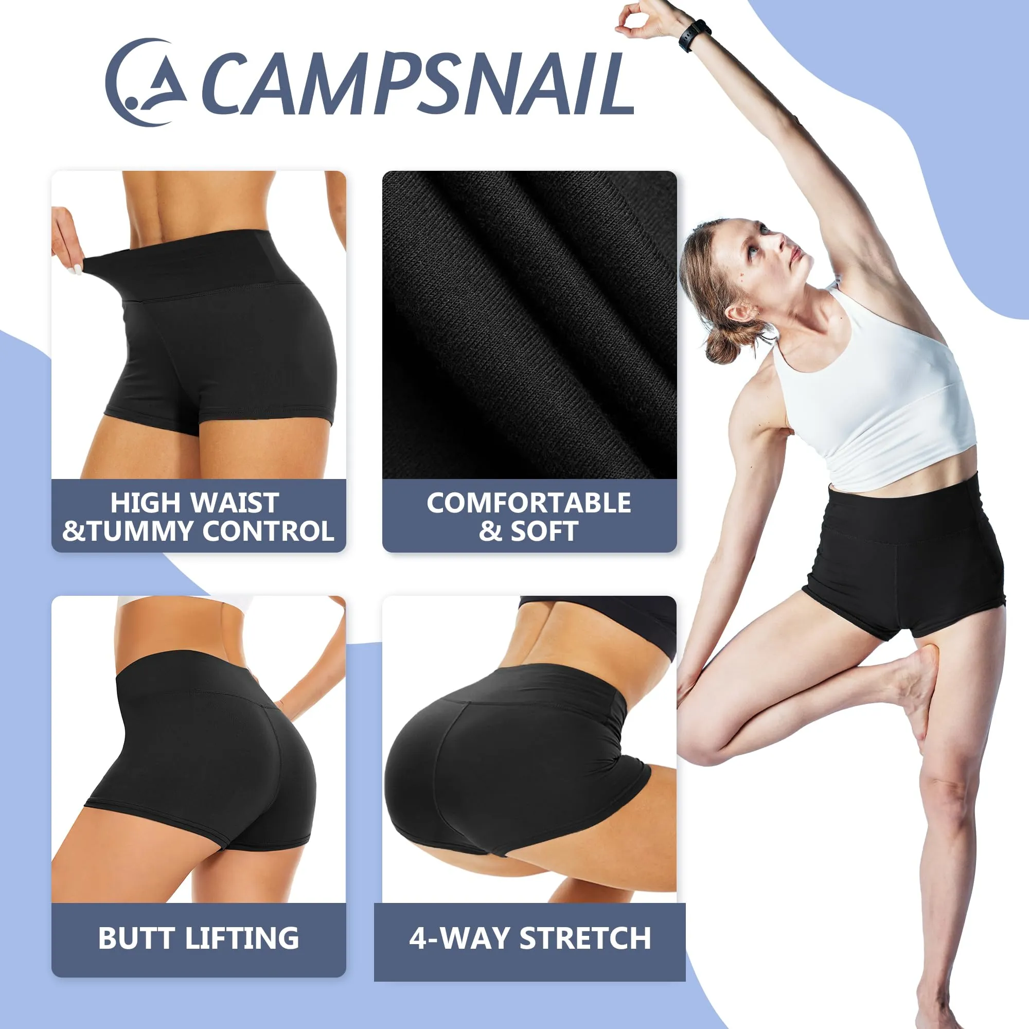 CAMPSNAIL Workout Shorts Womens - Buttery Soft High Waisted Biker Spandex Booty Volleyball Gym Shorts for Summer Yoga Dance Black