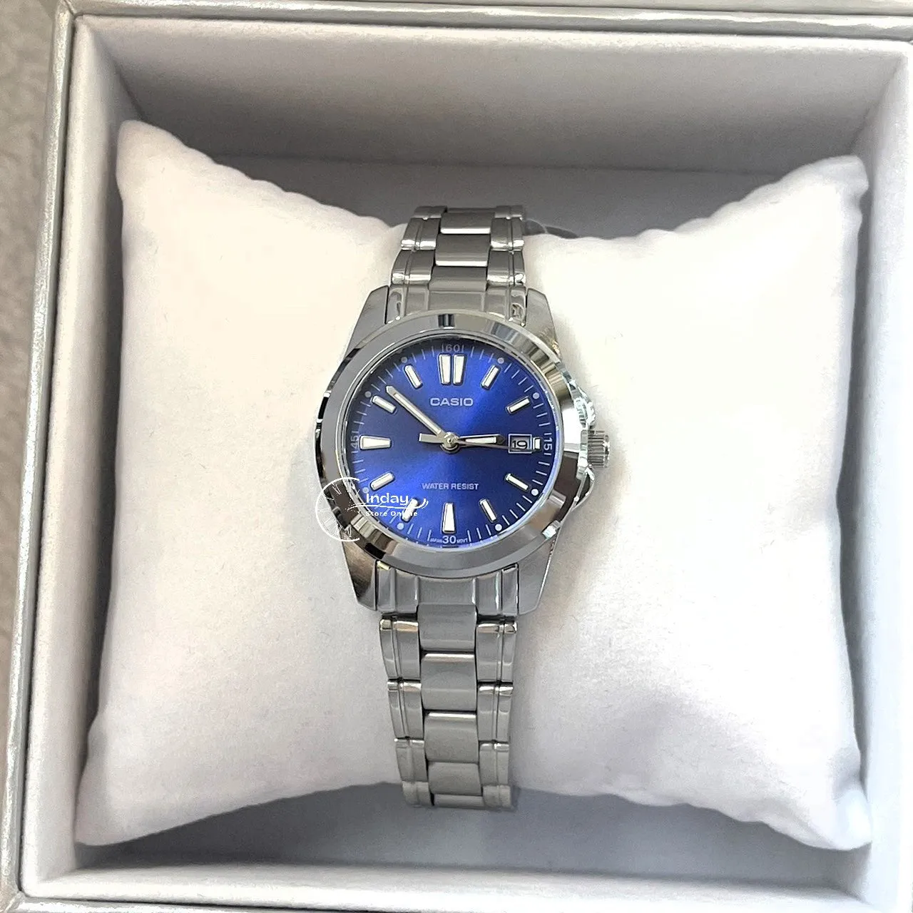 Casio Fashion Women's Watch LTP-1215A-2A2 Silver and Blue Stainless Steel Band Triple-fold Clasp Mineral Glass