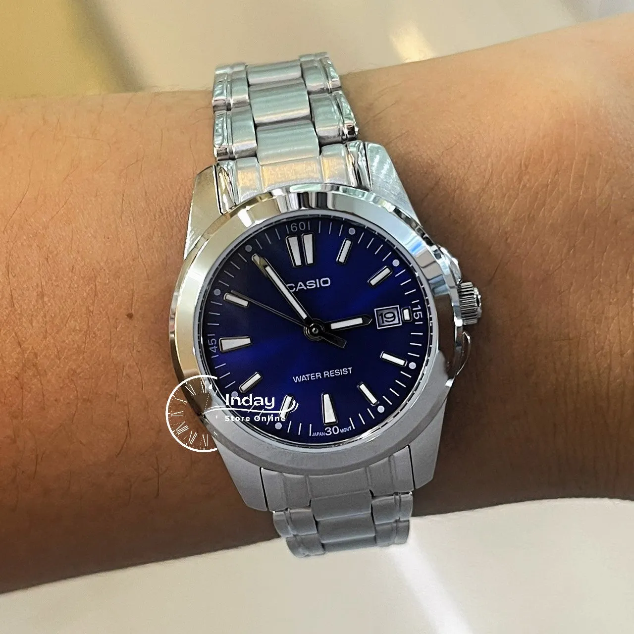 Casio Fashion Women's Watch LTP-1215A-2A2 Silver and Blue Stainless Steel Band Triple-fold Clasp Mineral Glass