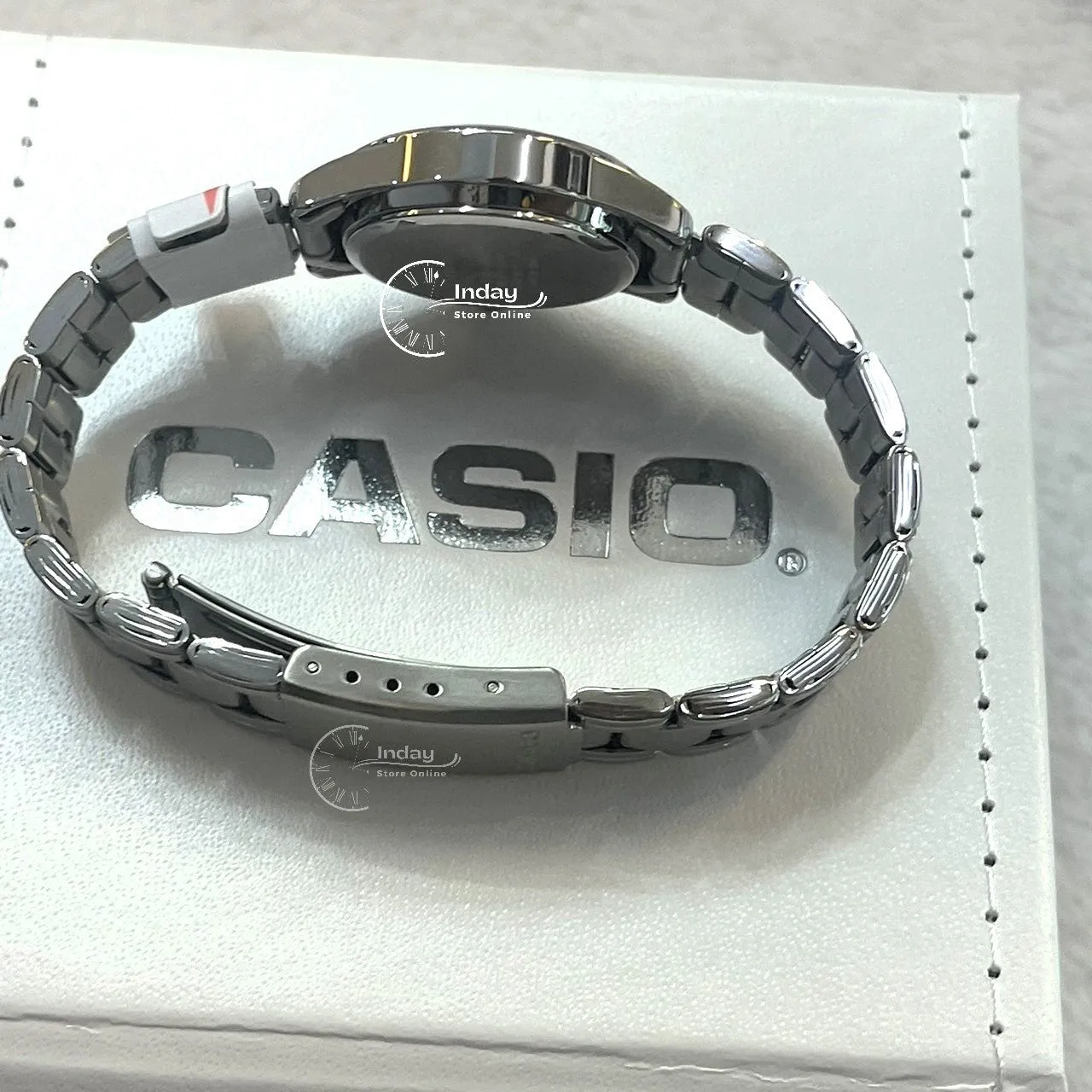 Casio Fashion Women's Watch LTP-1215A-2A2 Silver and Blue Stainless Steel Band Triple-fold Clasp Mineral Glass