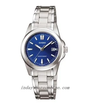 Casio Fashion Women's Watch LTP-1215A-2A2 Silver and Blue Stainless Steel Band Triple-fold Clasp Mineral Glass