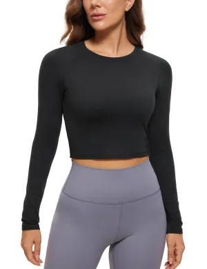 CRZ YOGA Womens Long Sleeve Crop Workout Tops Athletic Yoga Running Cropped Tops Slim Fit Gym Shirts Black Small