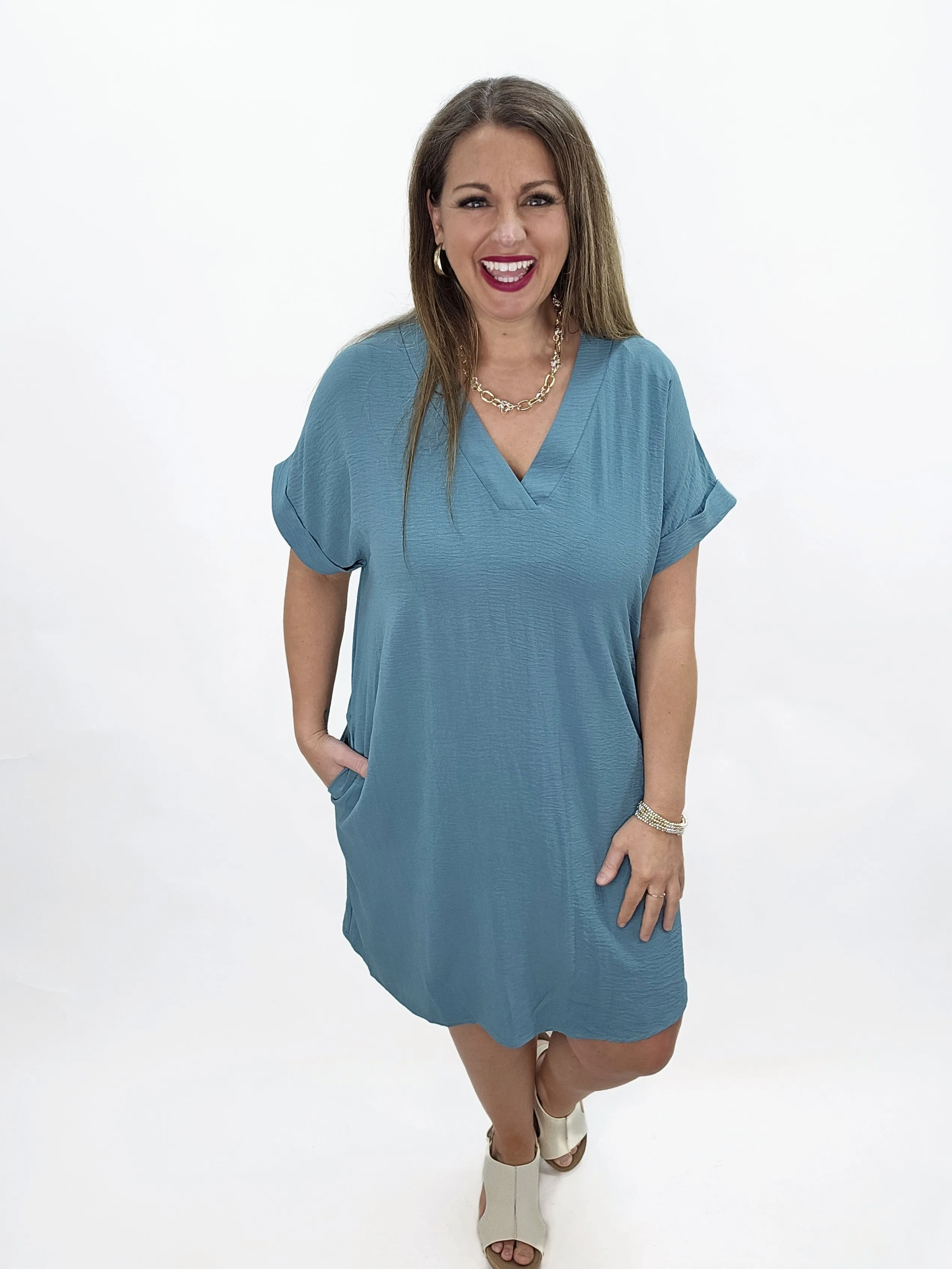 DARK JADE V NECK AIRFLOW SHORT SLEEVE DRESS