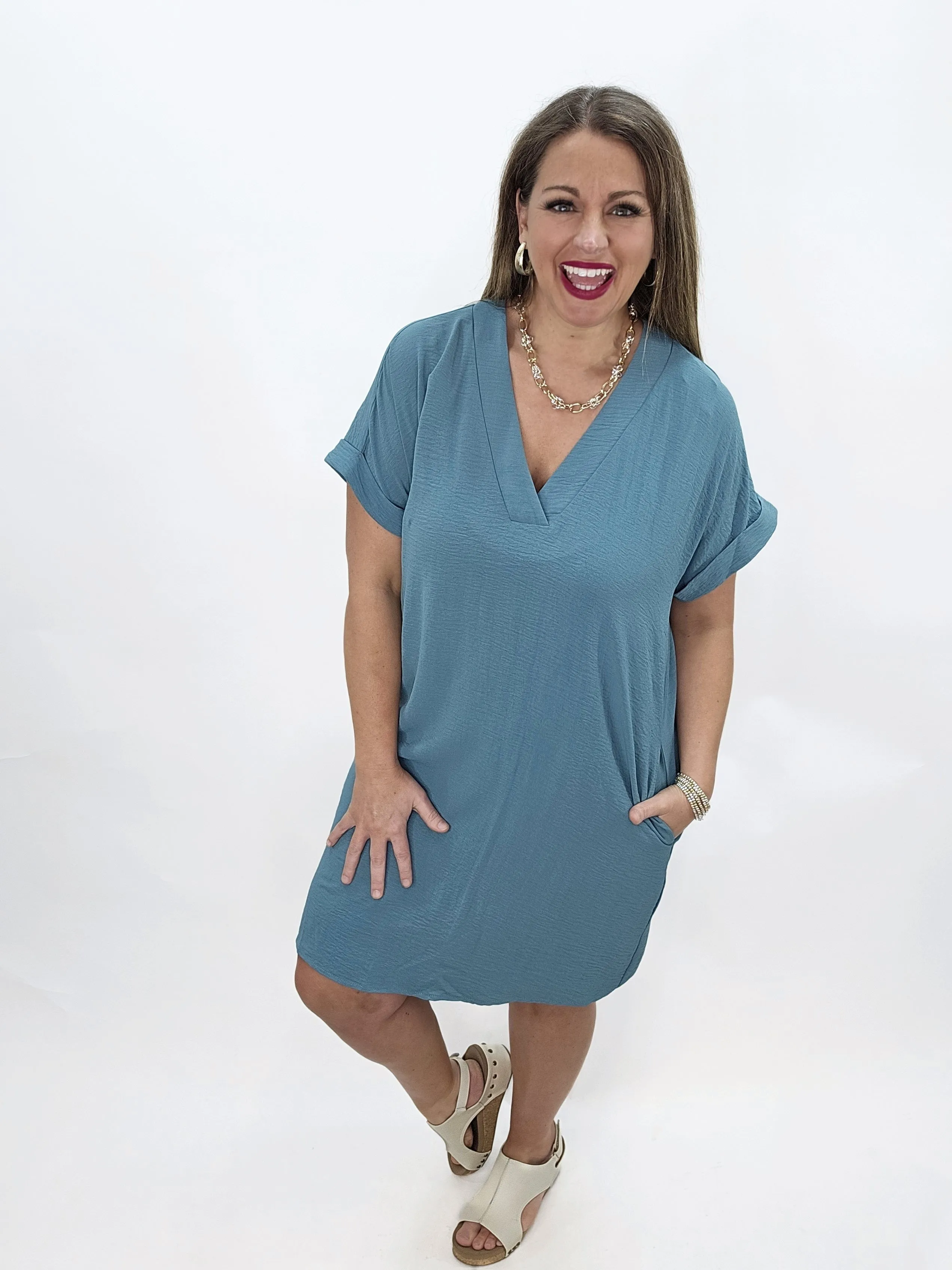 DARK JADE V NECK AIRFLOW SHORT SLEEVE DRESS