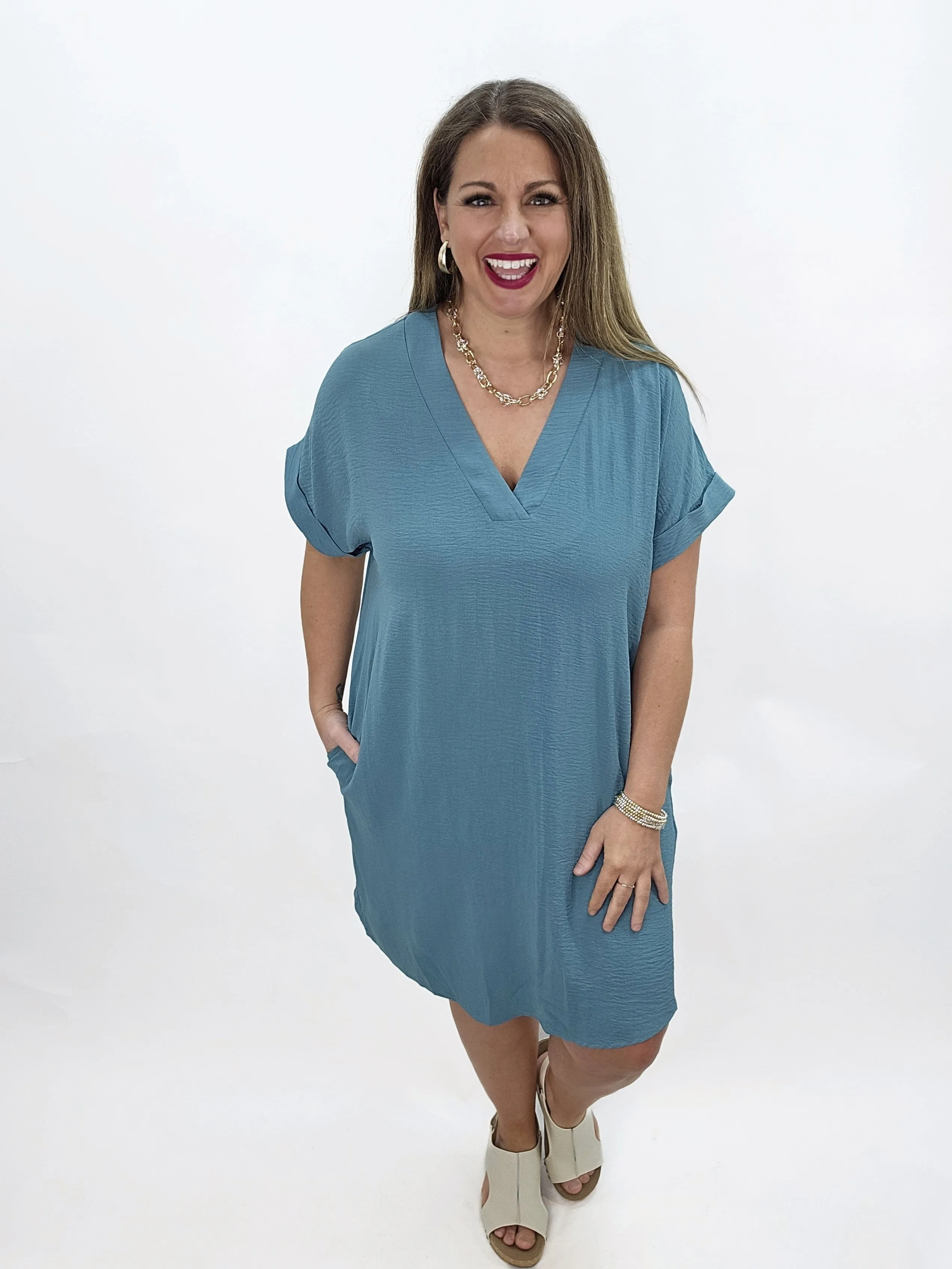 DARK JADE V NECK AIRFLOW SHORT SLEEVE DRESS
