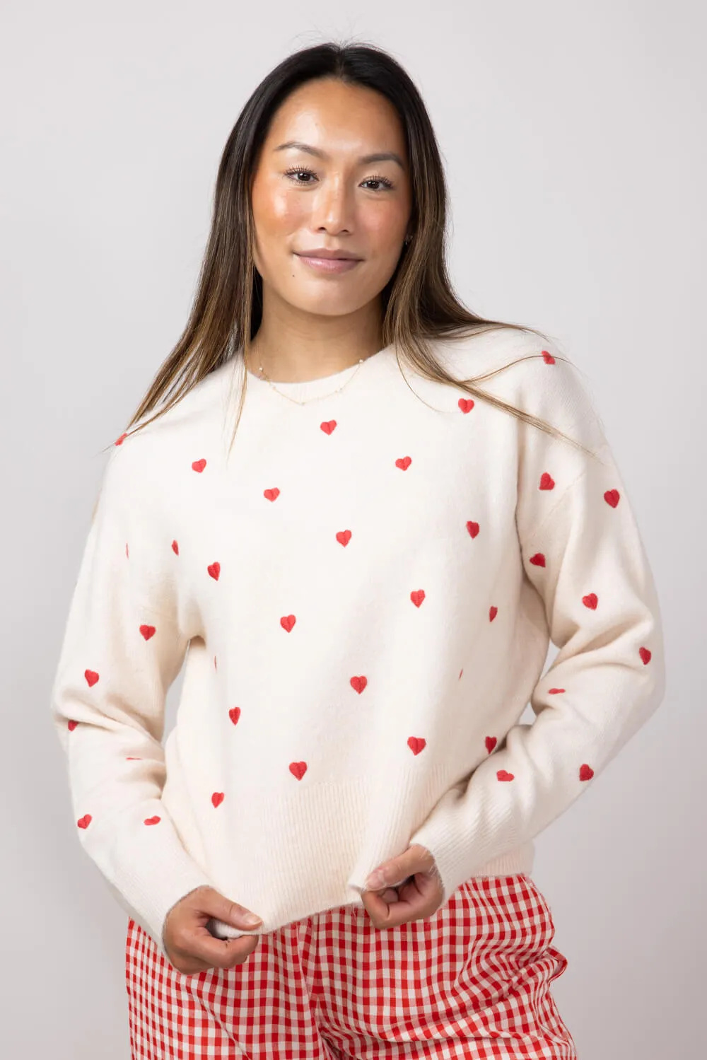 Embroidered Hearts Sweater for Women in Cream/Red | MAS2624-CRMRED
