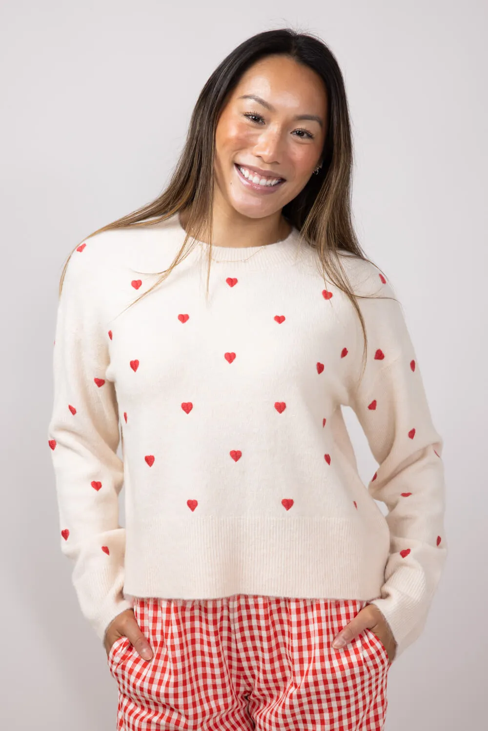 Embroidered Hearts Sweater for Women in Cream/Red | MAS2624-CRMRED