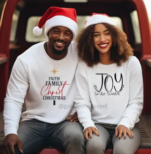 Faith Family Christmas   Joy To The World White Crew Neck Sweater